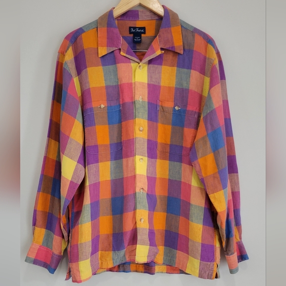 Paul Fedrick 100% Linen Multicolor Plaid Men's Shirt Preppy Retro Style Size L - Picture 3 of 9